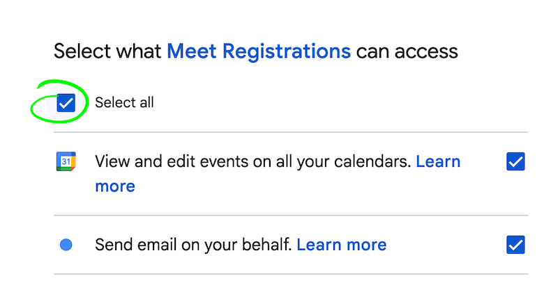 Google authentication scopes selection screen